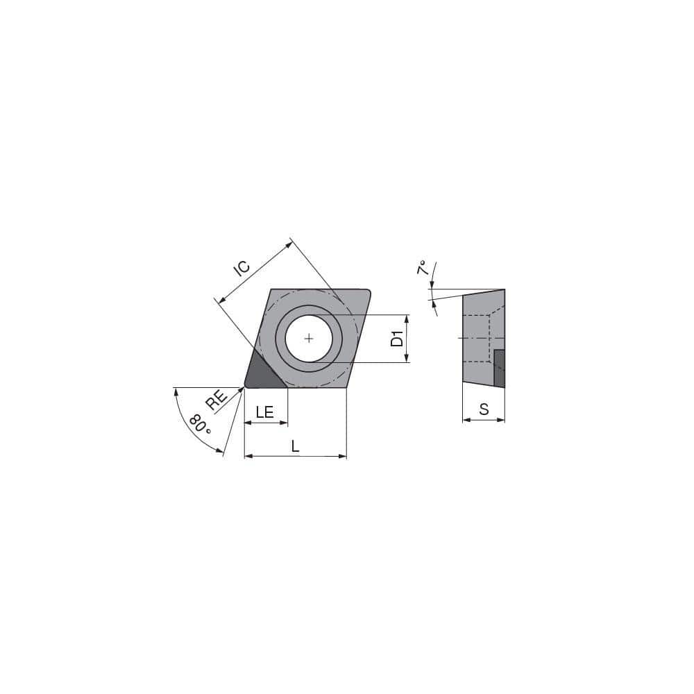 Turning Insert:  CCGW2155TN012DA3,  Polycrystalline Cubic Boron Nitride TiCN Finish,  Neutral,  1/4″ Inscribed Circle,  0.0079″ Corner Radius,  80.0 &deg N/A Diamond,  Series  CCGW