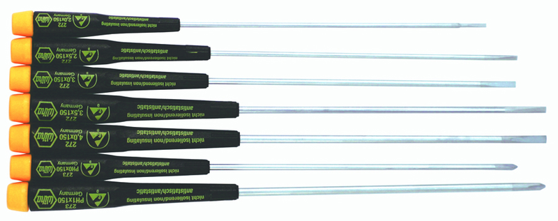 7 Piece - Precision ESD Safe Slotted & Phillips Extra Long Screwdriver Set - #27393 - Slotted 2.0 - 4.0mm; Phillips # 0; 1 x 150mm - Apex Tool & Supply