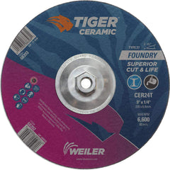 Depressed Center Wheel: Type 27, 9″ Dia, 1/4″ Thick, Ceramic Alumina 24 Grit, Resinoid, 6,650 Max RPM, Use with High Frequency Grinder, Right Angle Grinder & Air Grinder