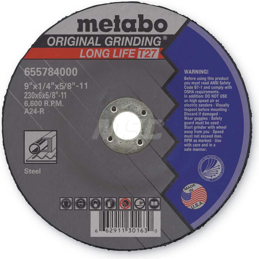 Depressed Center Wheel: Type 27, 9″ Dia, 1/4″ Thick, 5/8″ Hole, Aluminum Oxide 24 Grit, 8,600 Max RPM