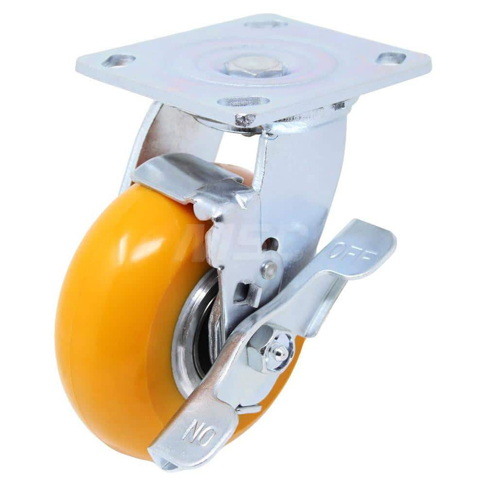 Top Plate Caster: Polyurethane, 5″ Wheel Dia, 2″ Wheel Width, 900 lb Capacity, 6-1/2″ OAH 4″ Plate Length, 4.5″ Plate Width