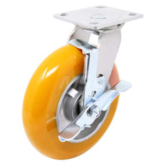 Top Plate Caster: Polyurethane, 8″ Wheel Dia, 2″ Wheel Width, 1,200 lb Capacity, 9-1/2″ OAH 4.5″ Plate Length, 4″ Plate Width, Wheel Lock