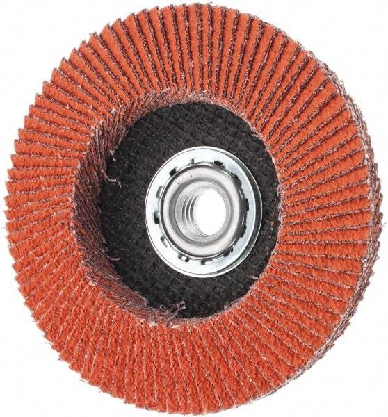 Norton - 40 Grit, 4-1/2" Disc Diam, 5/8-11 Center Hole, Type 27 Ceramic Alumina Flap Disc - 13,000 Max RPM, Cloth Backing, Arbor Attaching System, Coated - Apex Tool & Supply