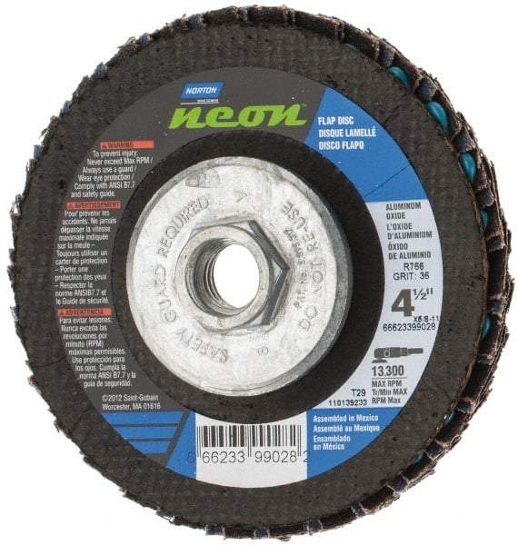 Norton - 36 Grit, 4-1/2" Disc Diam, 5/8-11 Center Hole, Type 29 Ceramic Alumina Flap Disc - 13,300 Max RPM, Polyester Backing, Arbor Attaching System, Coated - Apex Tool & Supply