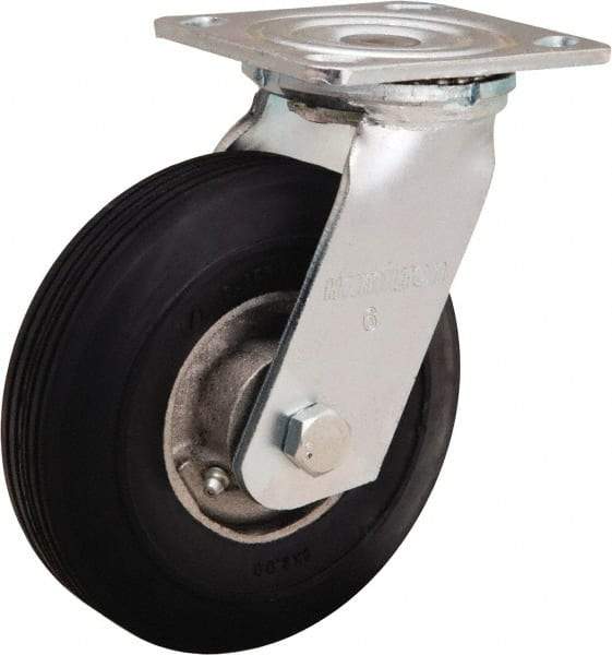 Hamilton - 6" Diam x 2" Wide, Rubber Swivel Caster - 300 Lb Capacity, Top Plate Mount, 4" x 4-1/2" Plate, Straight Roller Bearing - Apex Tool & Supply