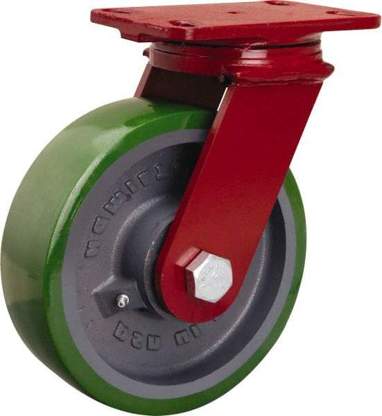 Hamilton - 8" Diam x 2-1/2" Wide x 10-1/8" OAH Top Plate Mount Swivel Caster - Polyurethane Mold onto Cast Iron Center, 2,000 Lb Capacity, Tapered Roller Bearing, 4-1/2 x 6-1/2" Plate - Apex Tool & Supply