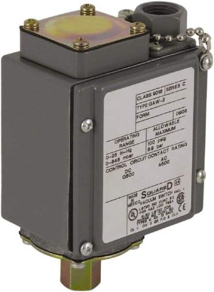 Square D - 4, 13 and 4X NEMA Rated, SPDT, 0.2 to 10 psi, Vacuum Switch Pressure and Level Switch - Adjustable Pressure, 120 VAC, 125 VDC, 240 VAC, 250 VDC, Screw Terminal - Apex Tool & Supply