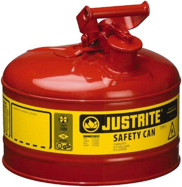 Justrite - 2.5 Gal Galvanized Steel Type I Safety Can - 11-1/2" High x 11-3/4" Diam, Red with Yellow - Apex Tool & Supply