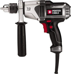 Porter-Cable - 1/2" Keyed Chuck, 800 RPM, Pistol Grip Handle Electric Drill - 7 Amps, 120 Volts, Reversible, Includes Side Handle & Chuck Key with Holder - Apex Tool & Supply