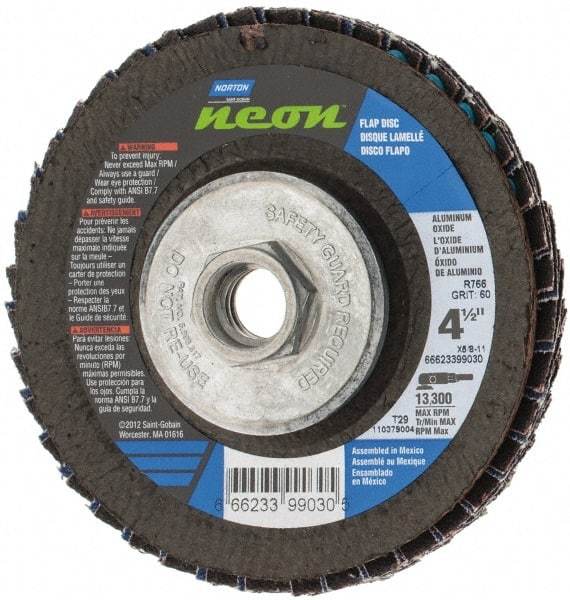 Norton - 60 Grit, 4-1/2" Disc Diam, 5/8-11 Center Hole, Type 29 Ceramic Alumina Flap Disc - 13,300 Max RPM, Polyester Backing, Arbor Attaching System, Coated - Apex Tool & Supply