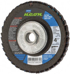 Norton - 60 Grit, 4-1/2" Disc Diam, 5/8-11 Center Hole, Type 29 Ceramic Alumina Flap Disc - 13,300 Max RPM, Polyester Backing, Arbor Attaching System, Coated - Apex Tool & Supply