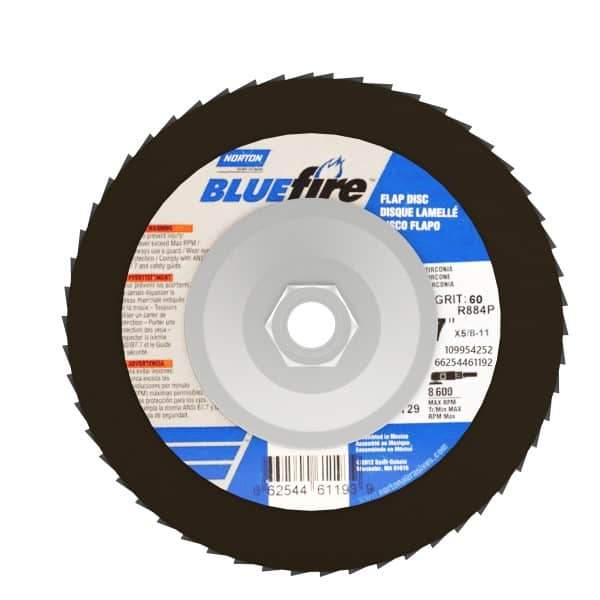 Norton - 60 Grit, 7" Disc Diam, 5/8-11 Center Hole, Type 29 Zirconia Alumina Flap Disc - 8,600 Max RPM, Cloth Backing, Arbor Attaching System, Coated - Apex Tool & Supply