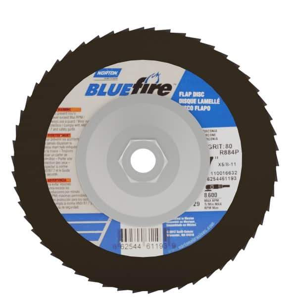 Norton - 80 Grit, 7" Disc Diam, 5/8-11 Center Hole, Type 29 Zirconia Alumina Flap Disc - 8,600 Max RPM, Cloth Backing, Arbor Attaching System, Coated - Apex Tool & Supply