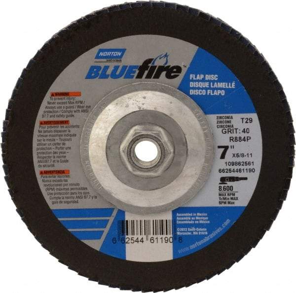 Norton - 40 Grit, 7" Disc Diam, 5/8-11 Center Hole, Type 29 Zirconia Alumina Flap Disc - 8,600 Max RPM, Cloth Backing, Arbor Attaching System, Coated - Apex Tool & Supply