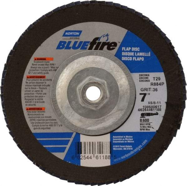 Norton - 36 Grit, 7" Disc Diam, 5/8-11 Center Hole, Type 29 Zirconia Alumina Flap Disc - 8,600 Max RPM, Cloth Backing, Arbor Attaching System, Coated - Apex Tool & Supply