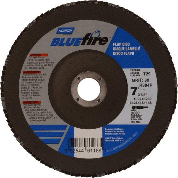Norton - 80 Grit, 7" Disc Diam, 7/8" Center Hole, Type 29 Zirconia Alumina Flap Disc - 8,600 Max RPM, Cloth Backing, Arbor Attaching System, Coated - Apex Tool & Supply