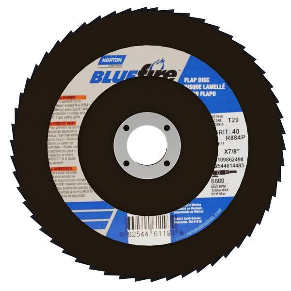 Norton - 40 Grit, 7" Disc Diam, 7/8" Center Hole, Type 29 Zirconia Alumina Flap Disc - 8,600 Max RPM, Cloth Backing, Arbor Attaching System, Coated - Apex Tool & Supply