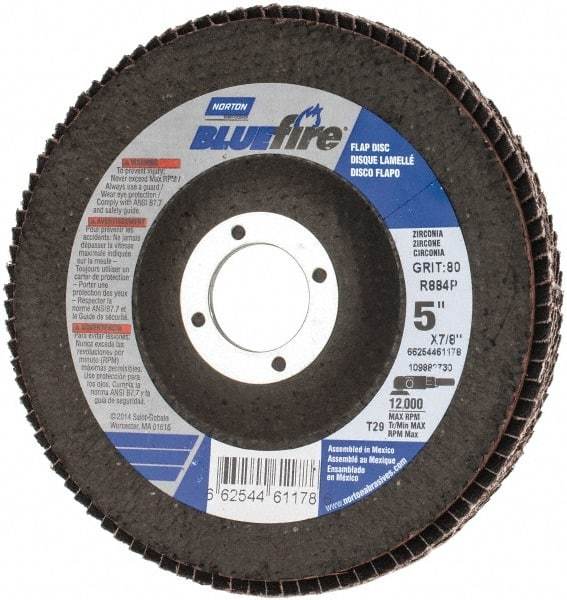 Norton - 80 Grit, 5" Disc Diam, 7/8" Center Hole, Type 29 Zirconia Alumina Flap Disc - 12,000 Max RPM, Cloth Backing, Arbor Attaching System, Coated - Apex Tool & Supply
