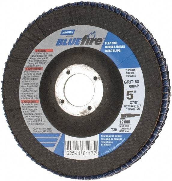 Norton - 60 Grit, 5" Disc Diam, 7/8" Center Hole, Type 29 Zirconia Alumina Flap Disc - 12,000 Max RPM, Cloth Backing, Arbor Attaching System, Coated - Apex Tool & Supply