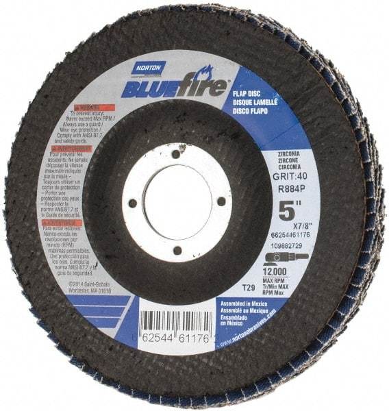 Norton - 40 Grit, 5" Disc Diam, 7/8" Center Hole, Type 29 Zirconia Alumina Flap Disc - 12,000 Max RPM, Cloth Backing, Arbor Attaching System, Coated - Apex Tool & Supply