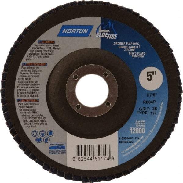 Norton - 36 Grit, 5" Disc Diam, 7/8" Center Hole, Type 29 Zirconia Alumina Flap Disc - 12,000 Max RPM, Cloth Backing, Arbor Attaching System, Coated - Apex Tool & Supply