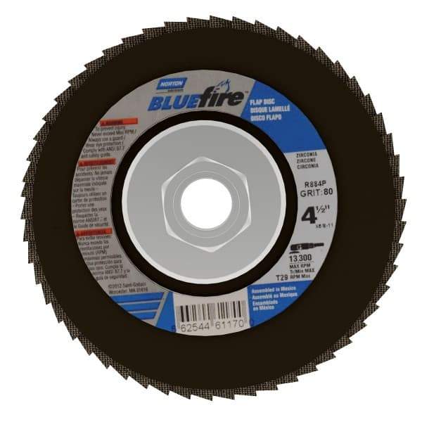 Norton - 80 Grit, 4-1/2" Disc Diam, 5/8-11 Center Hole, Type 29 Zirconia Alumina Flap Disc - 13,300 Max RPM, Cloth Backing, Arbor Attaching System, Coated - Apex Tool & Supply
