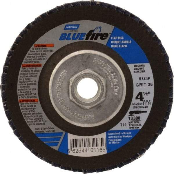 Norton - 36 Grit, 4-1/2" Disc Diam, 5/8-11 Center Hole, Type 29 Zirconia Alumina Flap Disc - 13,300 Max RPM, Cloth Backing, Arbor Attaching System, Coated - Apex Tool & Supply