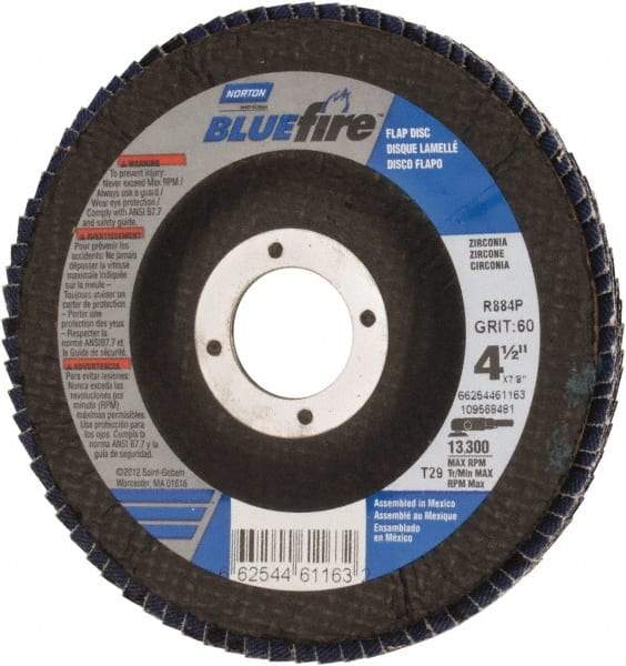 Norton - 60 Grit, 4-1/2" Disc Diam, 7/8" Center Hole, Type 29 Zirconia Alumina Flap Disc - 13,300 Max RPM, Cloth Backing, Arbor Attaching System, Coated - Apex Tool & Supply