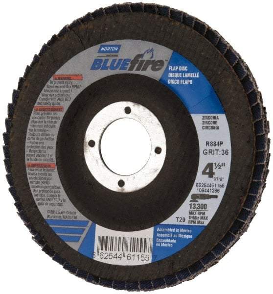 Norton - 36 Grit, 4-1/2" Disc Diam, 7/8" Center Hole, Type 29 Zirconia Alumina Flap Disc - 13,300 Max RPM, Cloth Backing, Arbor Attaching System, Coated - Apex Tool & Supply
