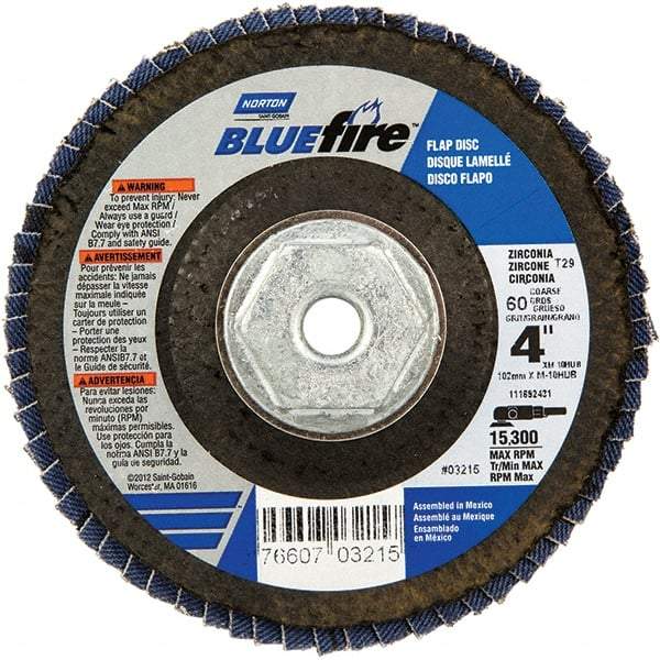 Norton - 60 Grit, 4" Disc Diam, 5/8-11 Center Hole, Type 29 Zirconia Alumina Flap Disc - 15,300 Max RPM, Cloth Backing, Arbor Attaching System, Coated - Apex Tool & Supply