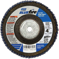 Norton - 60 Grit, 4" Disc Diam, 5/8-11 Center Hole, Type 29 Zirconia Alumina Flap Disc - 15,300 Max RPM, Cloth Backing, Arbor Attaching System, Coated - Apex Tool & Supply