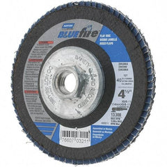 Norton - 40 Grit, 4-1/2" Disc Diam, 5/8-11 Center Hole, Type 29 Zirconia Alumina Flap Disc - 13,300 Max RPM, Cloth Backing, Arbor Attaching System, Coated - Apex Tool & Supply