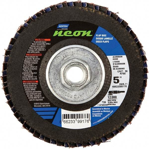 Norton - 80 Grit, 5" Disc Diam, 5/8-11 Center Hole, Type 29 Ceramic Alumina Flap Disc - 12,000 Max RPM, Polyester Backing, Arbor Attaching System, Coated - Apex Tool & Supply