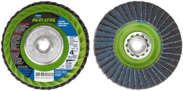 Norton - 120 Grit, 4-1/2" Disc Diam, 7/8" Center Hole, Type 29 Ceramic Alumina Flap Disc - 13,300 Max RPM, Polyester Backing, Arbor Attaching System, Coated - Apex Tool & Supply