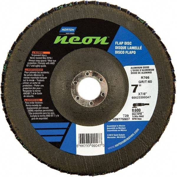 Norton - 40 Grit, 7" Disc Diam, 7/8" Center Hole, Type 29 Ceramic Alumina Flap Disc - 8,600 Max RPM, Polyester Backing, Arbor Attaching System, Coated - Apex Tool & Supply