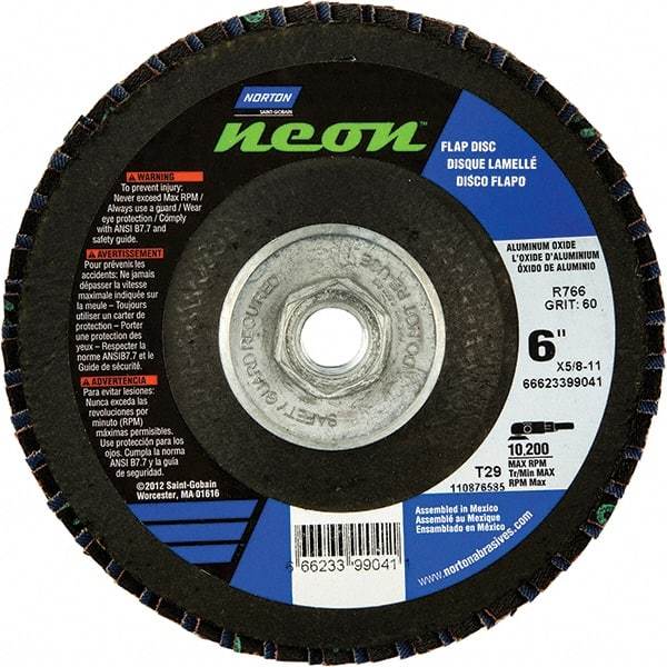 Norton - 60 Grit, 6" Disc Diam, 5/8-11 Center Hole, Type 29 Ceramic Alumina Flap Disc - 10,200 Max RPM, Polyester Backing, Arbor Attaching System, Coated - Apex Tool & Supply