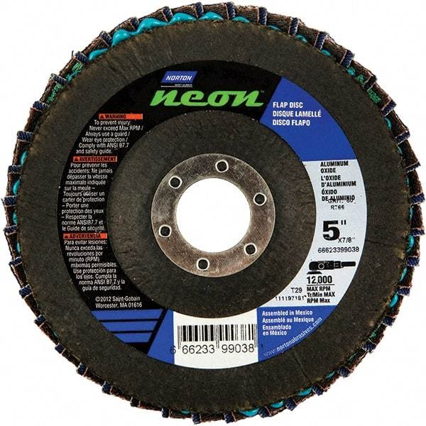 Norton - 40 Grit, 5" Disc Diam, 7/8" Center Hole, Type 29 Ceramic Alumina Flap Disc - 12,000 Max RPM, Polyester Backing, Arbor Attaching System, Coated - Apex Tool & Supply
