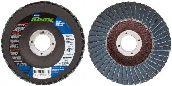 Norton - 80 Grit, 4-1/2" Disc Diam, 7/8" Center Hole, Type 29 Ceramic Alumina Flap Disc - 13,300 Max RPM, Polyester Backing, Arbor Attaching System, Coated - Apex Tool & Supply