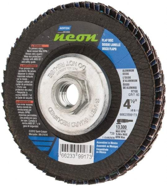Norton - 80 Grit, 4-1/2" Disc Diam, 5/8-11 Center Hole, Type 29 Ceramic Alumina Flap Disc - 13,300 Max RPM, Polyester Backing, Arbor Attaching System, Coated - Apex Tool & Supply