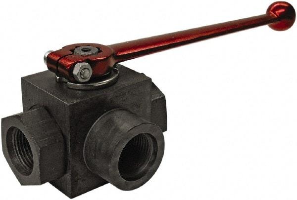 HYDAC - 3/4" Pipe, Full Port, Carbon Steel Full Port Ball Valve - Three Way, NPT Ends, Straight Handle, 6,000 WOG - Apex Tool & Supply