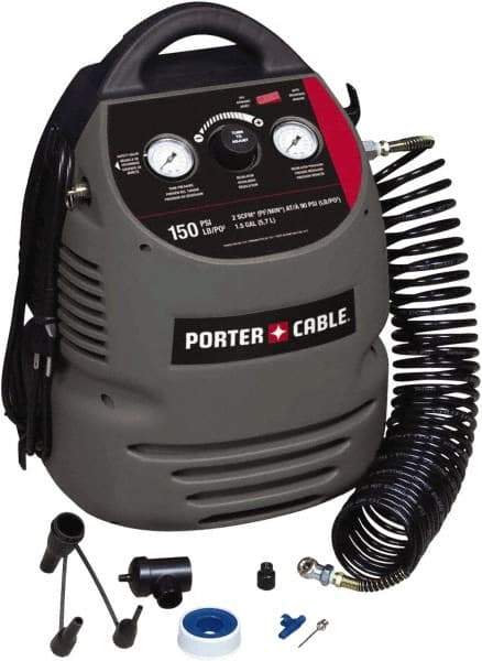 Porter-Cable - 0.8 hp, 2 CFM at 90 psi Hand Carry Compressor - 1.5 Gallon Tank, 10 Amp, 150 Max psi, 120V - Apex Tool & Supply