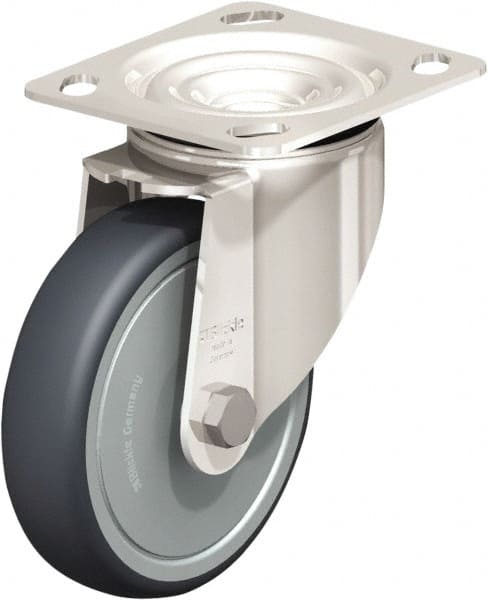 Swivel Top Plate Caster: Rubber, 5″ Wheel Dia, 1-1/4″ Wheel Width, 275 lb Capacity, 6-1/8″ OAH Rubber, 275 Lb Capacity, Ball Bearing, 4 x 4-1/2″ Plate