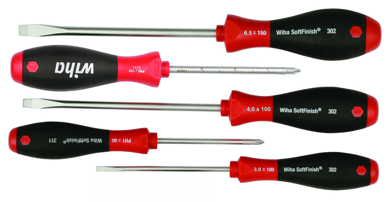 5 Piece - SoftFinish® Cushion Grip Screwdriver Set - #30295 - Includes: Slotted 3.0 - 6.5mm Phillips #1 - 2 - Apex Tool & Supply