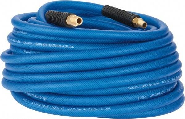 PRO-SOURCE - 3/8" ID x 0.6102" OD 100' Long Multipurpose Air Hose - MNPT(Swivel) x MNPT(Swivel) Ends, 300 Working psi, -40 to 176°F, 1/4" Fitting, Transparent Blue - Apex Tool & Supply