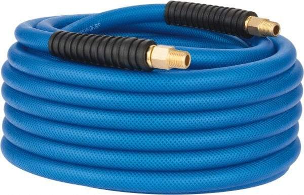 PRO-SOURCE - 3/8" ID x 0.6102" OD 50' Long Multipurpose Air Hose - MNPT(Swivel) x MNPT(Swivel) Ends, 300 Working psi, -40 to 176°F, 1/4" Fitting, Transparent Blue - Apex Tool & Supply
