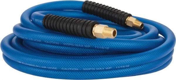 PRO-SOURCE - 3/8" ID x 0.6102" OD 25' Long Multipurpose Air Hose - MNPT(Swivel) x MNPT(Swivel) Ends, 300 Working psi, -40 to 176°F, 1/4" Fitting, Transparent Blue - Apex Tool & Supply