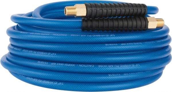 PRO-SOURCE - 1/4" ID x 0.4331" OD 50' Long Multipurpose Air Hose - MNPT(Swivel) x MNPT(Swivel) Ends, 300 Working psi, -40 to 176°F, 1/4" Fitting, Transparent Blue - Apex Tool & Supply