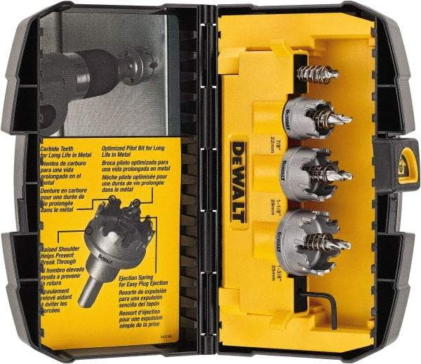 DeWALT - 5 Piece, 7/8" to 1-3/8" Saw Diam, Hole Saw Kit - Carbide-Tipped, Toothed Edge, Includes 3 Hole Saws - Apex Tool & Supply