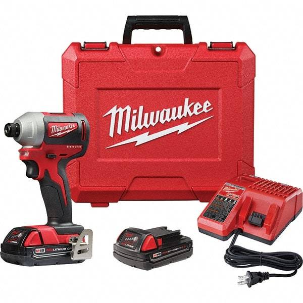 Milwaukee Tool - 18 Volt, 1/4" Drive, 133 Ft/Lb Torque, Cordless Impact Driver - Pistol Grip Handle, 3200 RPM, 2 Lithium-Ion Batteries Included - Apex Tool & Supply
