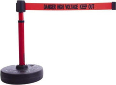 Banner Stakes - 22 to 42" High, 2-3/8" Pole Diam, Barrier Post Base & Stanchion - 9" Base Diam, Round Nylon Base, Red Plastic Post, 15' x 2-1/2" Tape, For Outdoor Use - Apex Tool & Supply